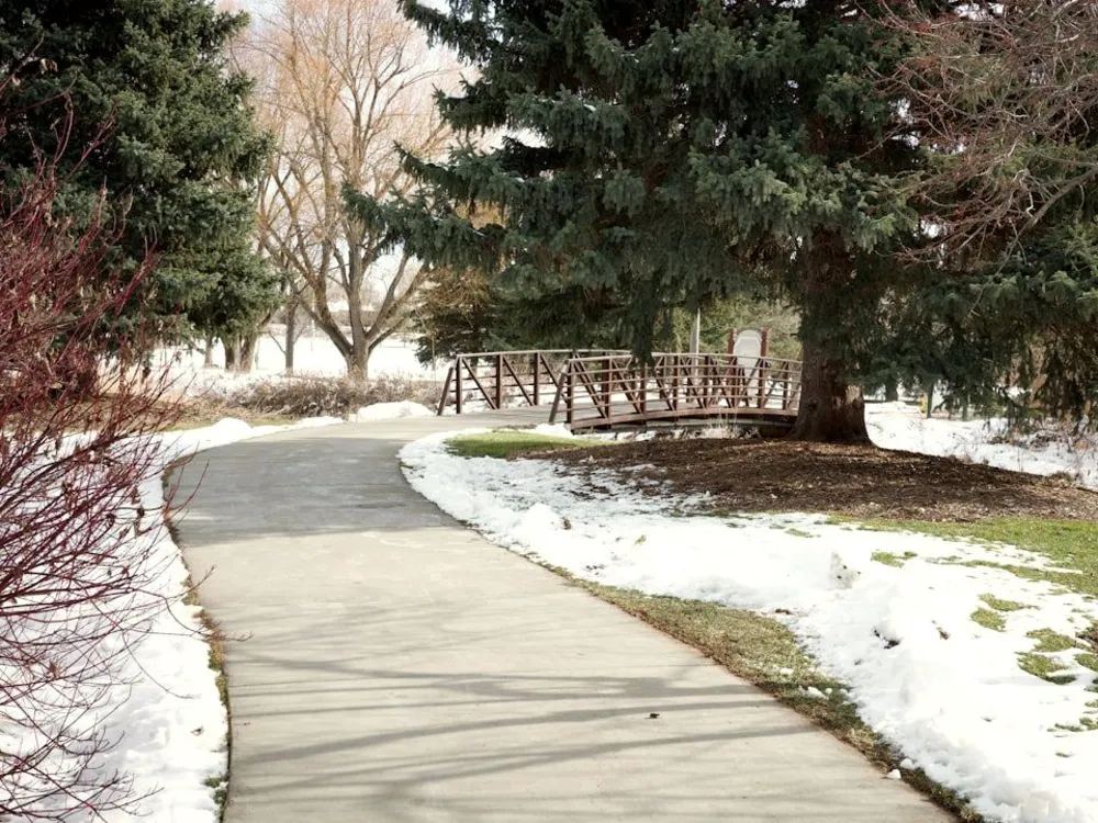 Concrete walkway with fresh snow along both sides