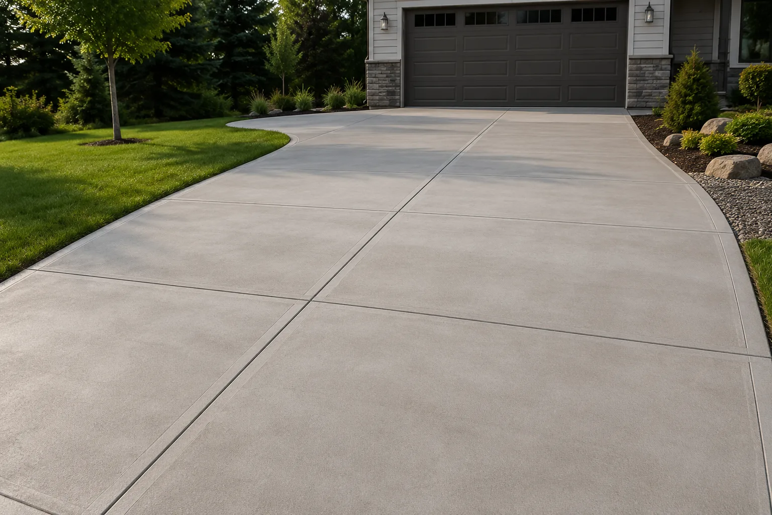 Freshly poured residential concrete driveway leading to a home in Delaware, OH