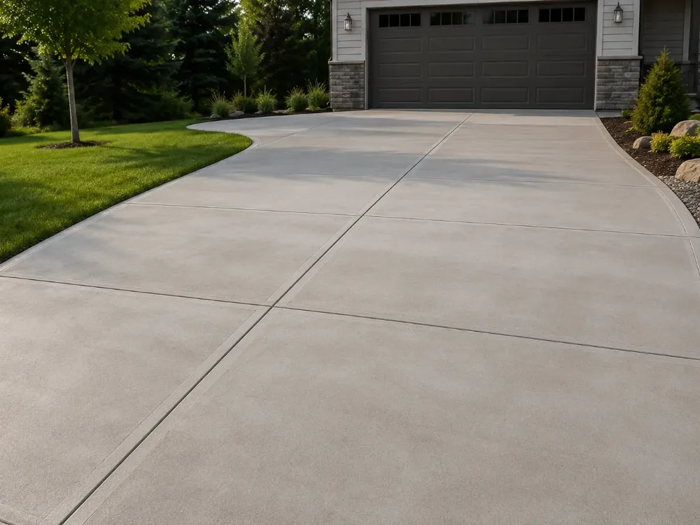 New concrete driveway with clean control joints leading up to a two-car garage